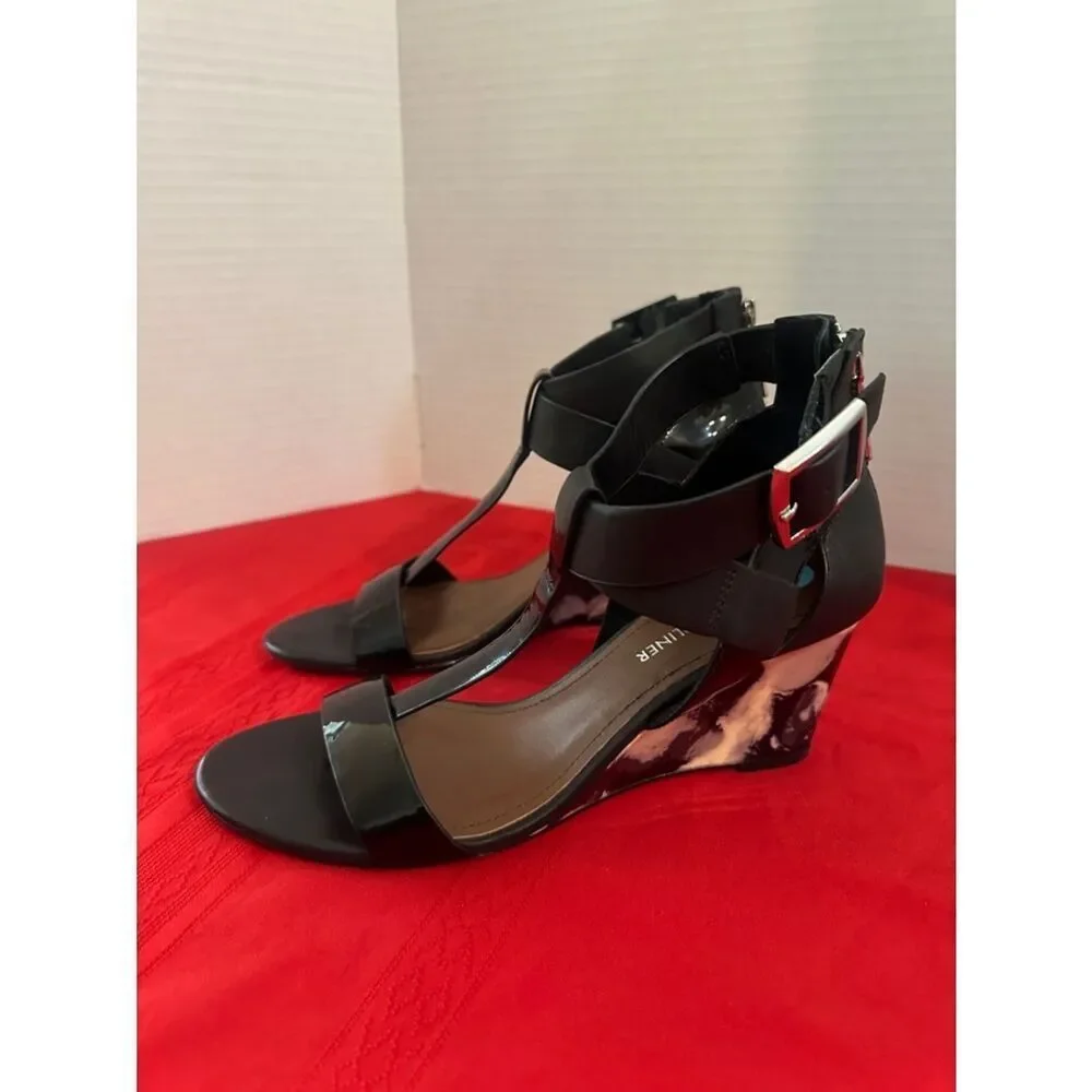 Donald J. Pliner Black/White Strappy Wedge Sandals with Buckle Size 7N